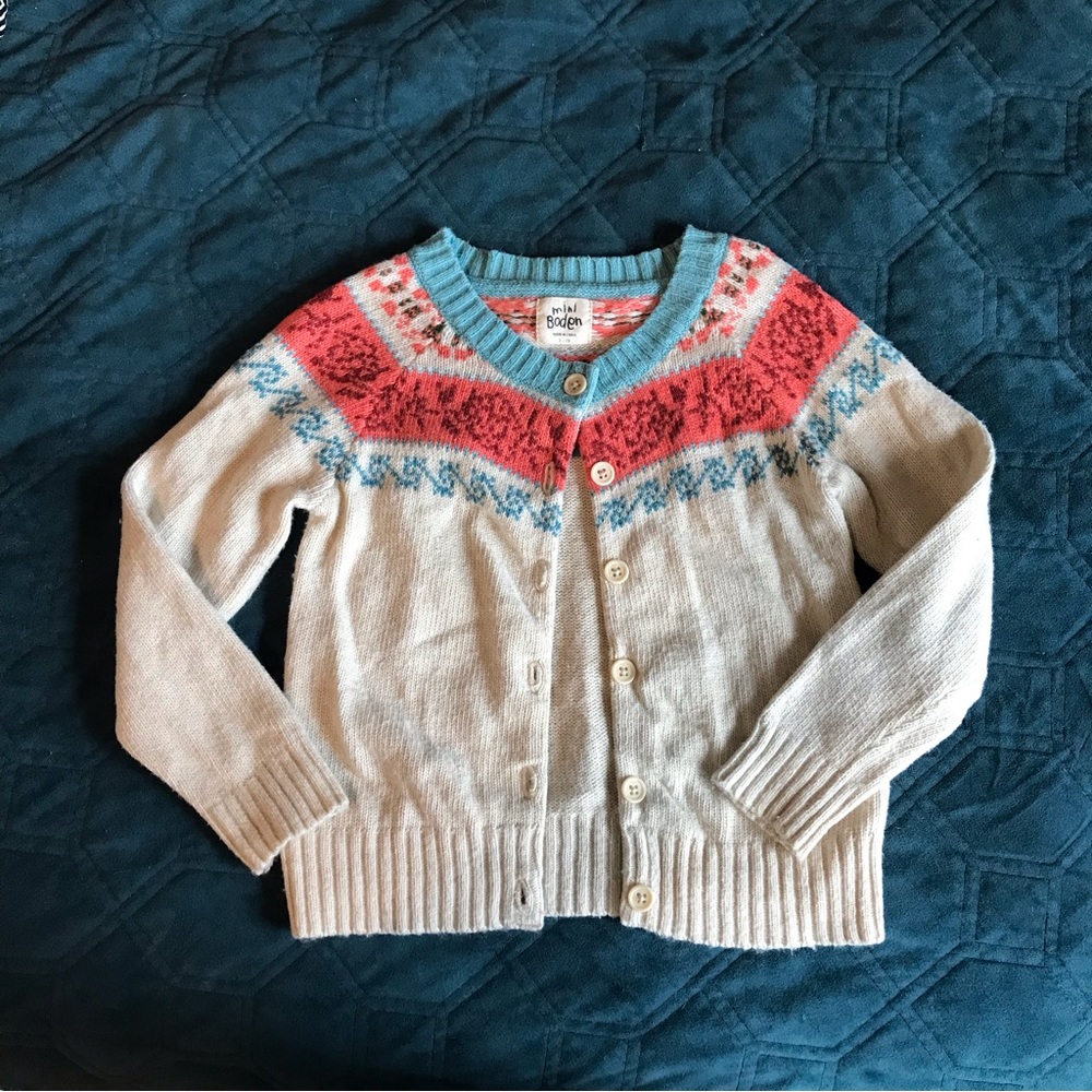 Mini Boden fair isle cashmere blend cream cardigan